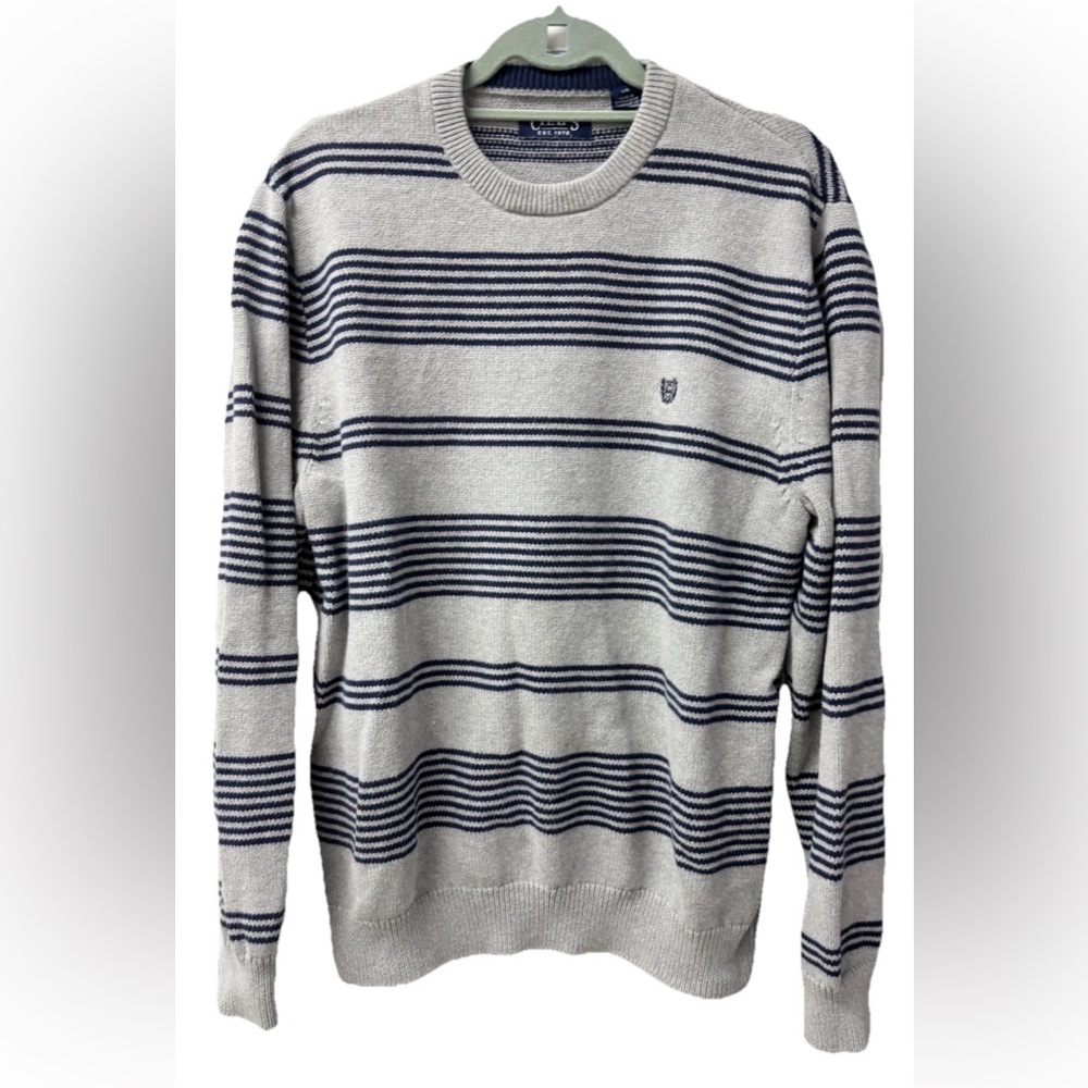 Chaps Men's Gray and Navy Striped Crewneck Sweater